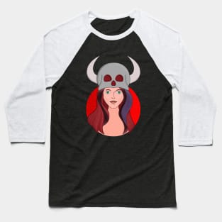 Woman Wearing a Skull With Horns Baseball T-Shirt